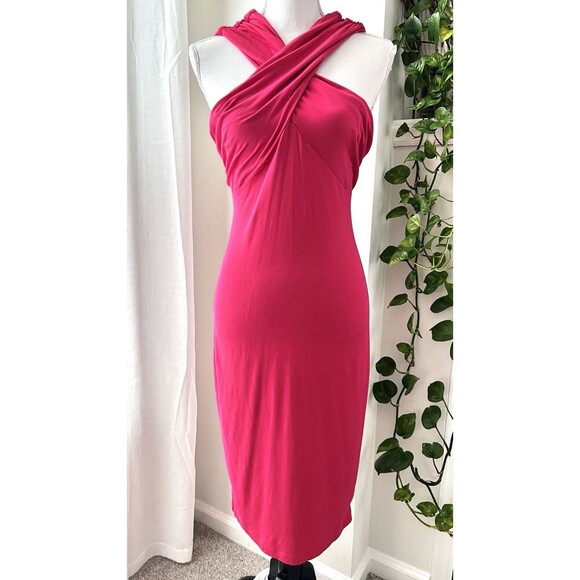 ASOS Hot Pink Criss Cross Viscose Blend Stretchy Party Dress Festival Size 12 - Picture 2 of 11